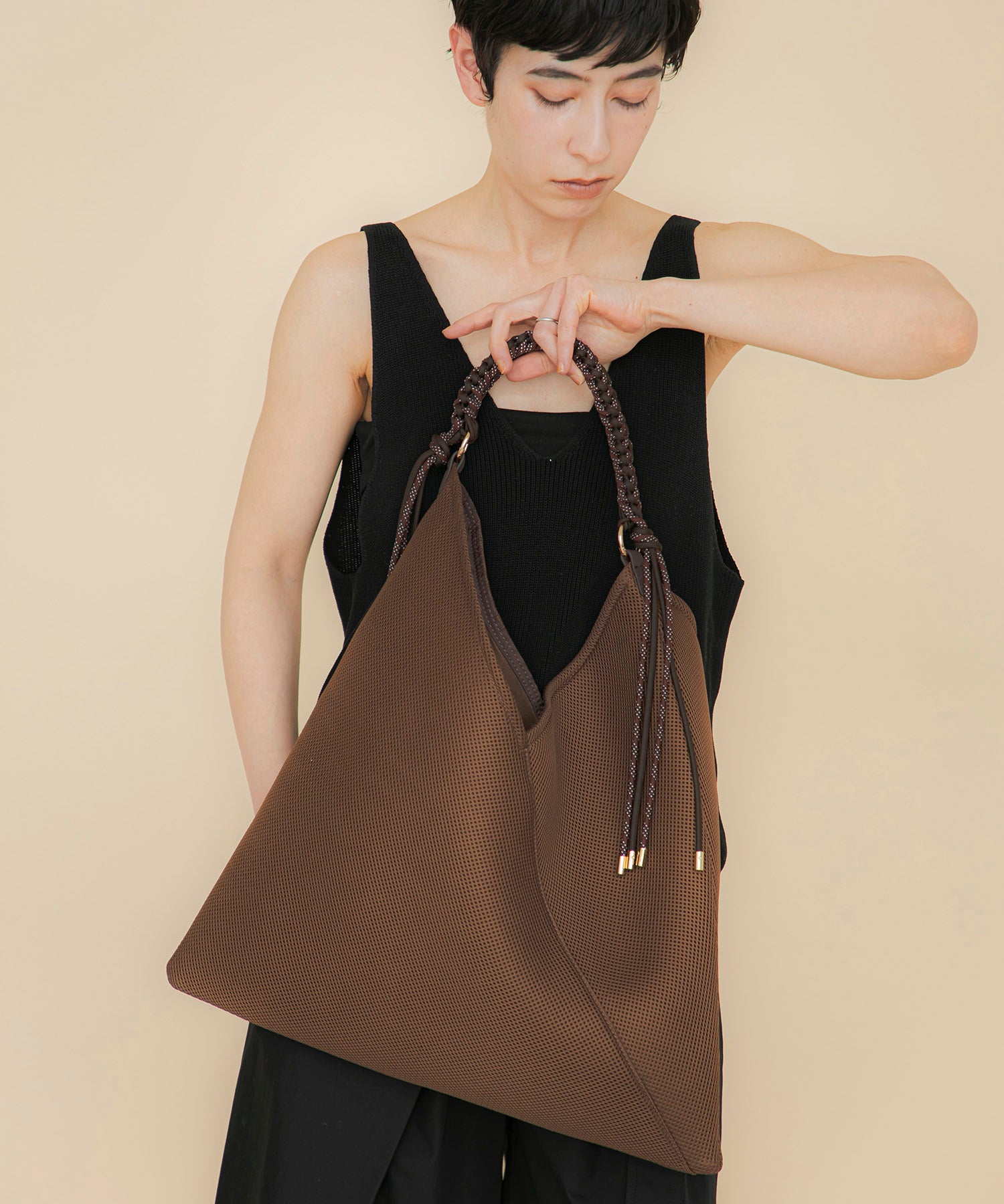 博多献上柄帯 リメイク　マロンブラウン×ゴールド バネハンドルバッグ LE VERNIS] Paracord handle mesh bag | CASSELINI ONLINE SHOP