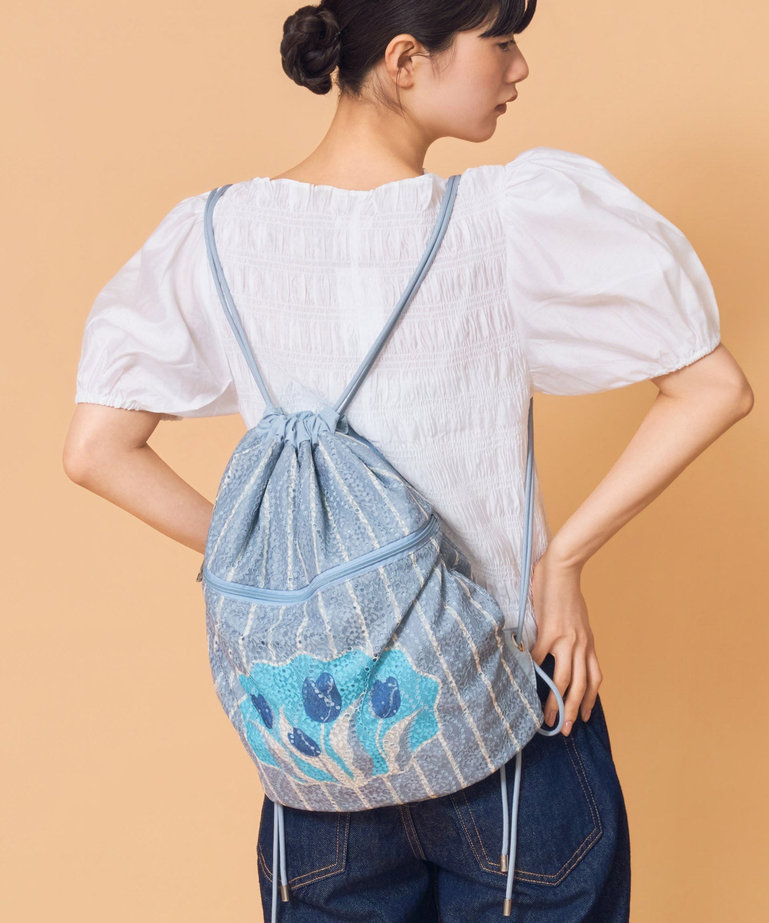 公式限定＊Apolina＊アポリナ＊刺繍ナップザック＊水色 Casselini(キャセリーニ)レースチューリップナップサック | CASSELINI